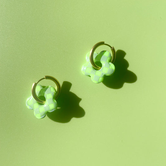 Lime Checker Mini Flower Hoops